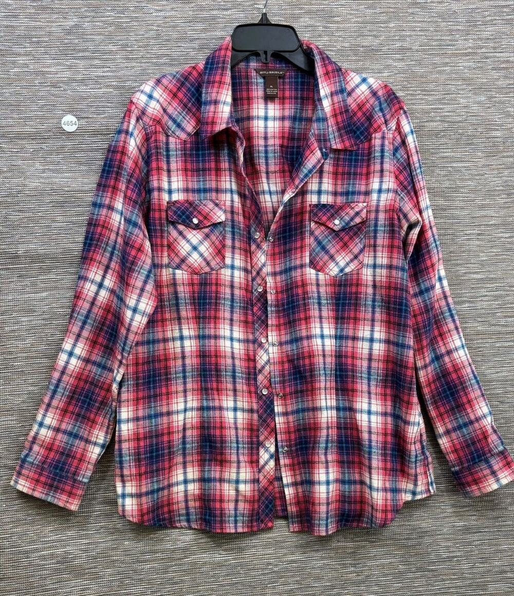 Bit & Bridle Button Up Shirt Womens XL Pink Plaid Flannel Western Long Sleeve